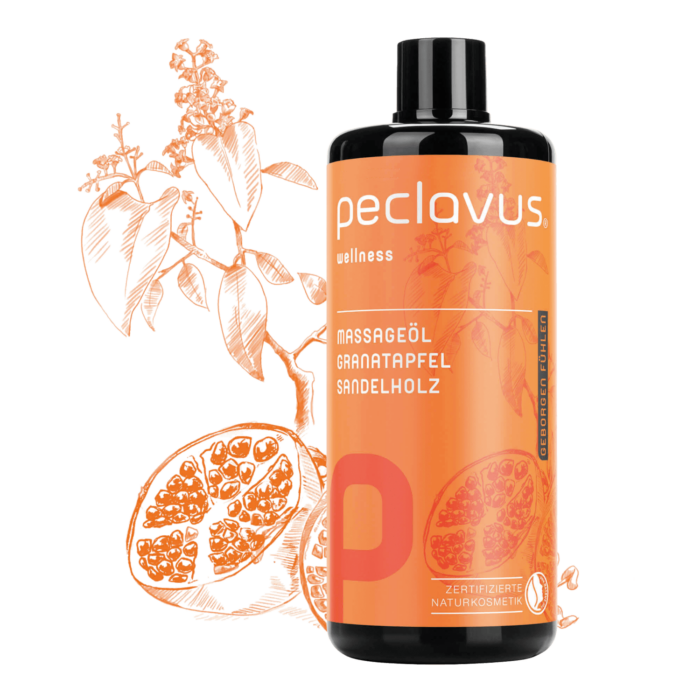 peclavus® wellness Massaažiõli granaatõuna ja sandlipuuga "Tunne end turvaliselt" 500 ml